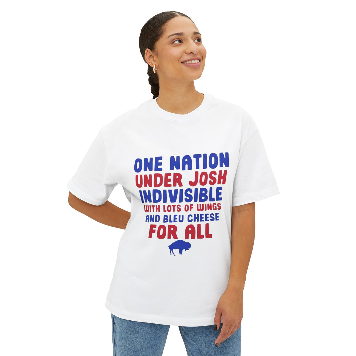 Buffalo Bills T‑Shirt — "One Nation Under Josh, Indivisible" Patriotic Buffalo Wings & Bleu Cheese Tee